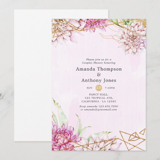 Pink and Gold Floral Geometric Couples Shower Invitation (Front/Back)