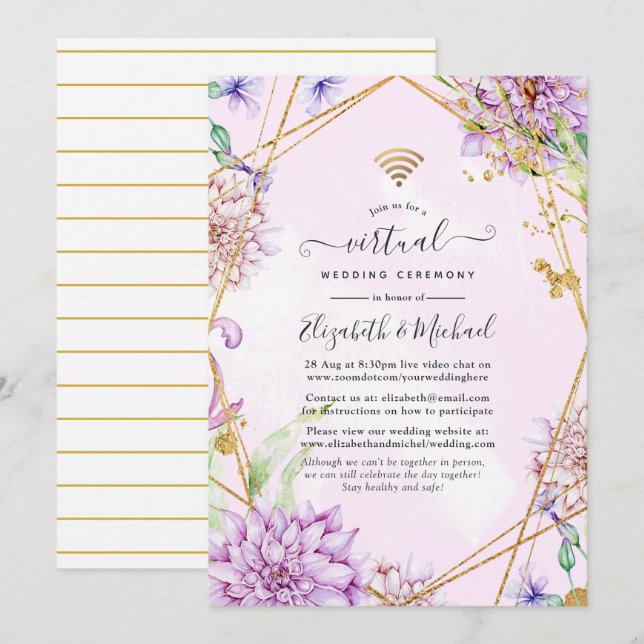 Pink and Gold Floral Geometric Virtual Wedding Invitation (Front/Back)