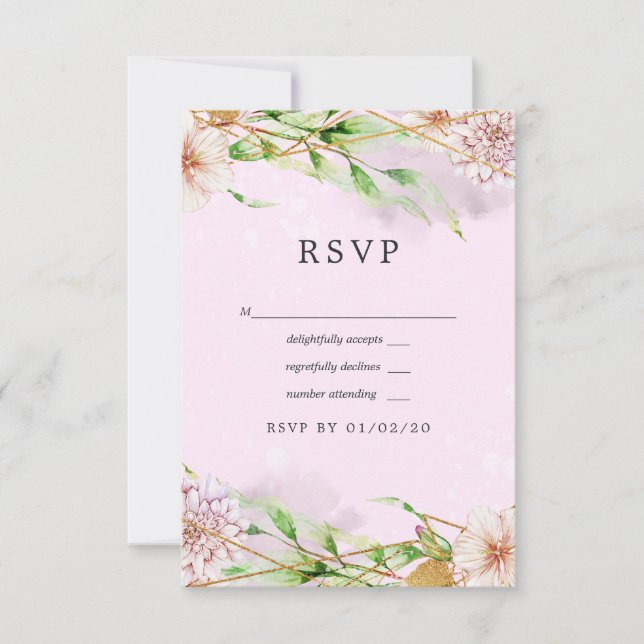 Pink and Gold Floral Geometric Wedding RSVP Card (Front)