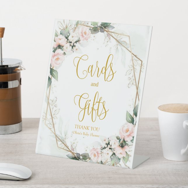 Pink and Gold Floral Gifts and Cards Pedestal Sign (In SItu)