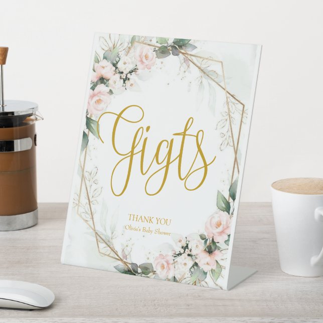Pink and Gold Floral Gifts Pedestal Sign (In SItu)