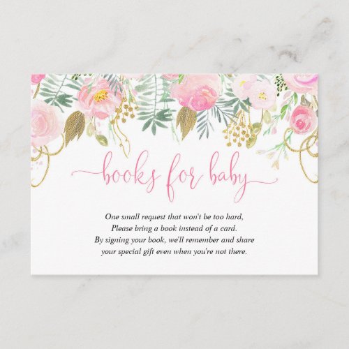 Pink and gold floral girl baby shower book request enclosure card