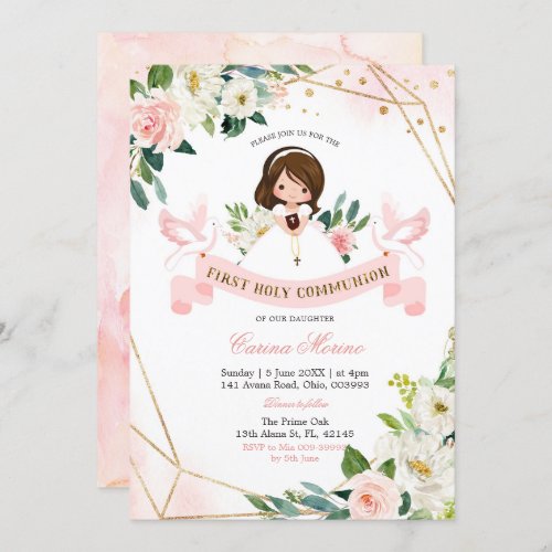 Pink and Gold Floral Girl First Holy Communion Invitation