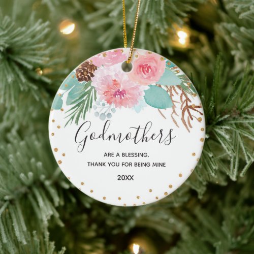 Pink and Gold Floral Godmothers Gold Ceramic Ornament