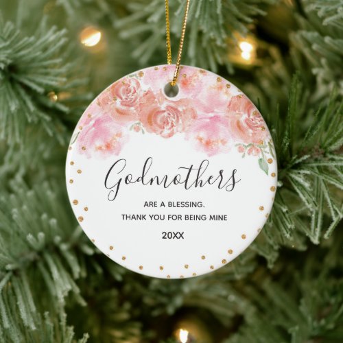 Pink and Gold Floral Godmothers Gold Ceramic Ornament