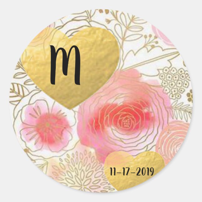Pink and Gold Floral Heart  Monagram Design Classic Round Sticker (Front)
