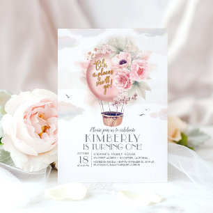 Pink and Gold Floral Hot Air Balloon 1st Birthday Invitation