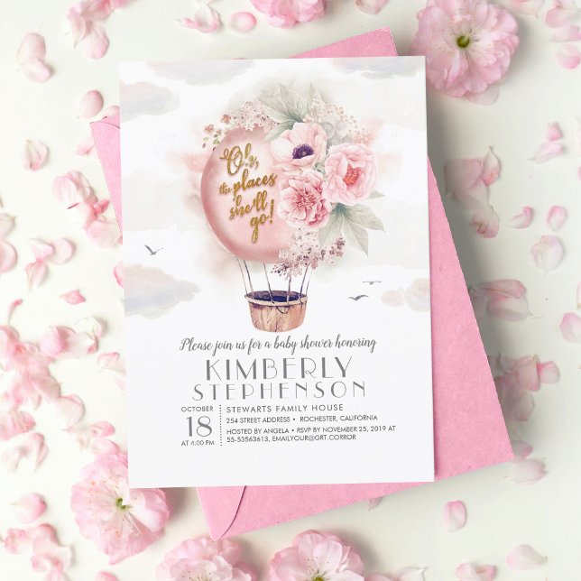 Pink and Gold Floral Hot Air Balloon Baby Shower Invitation