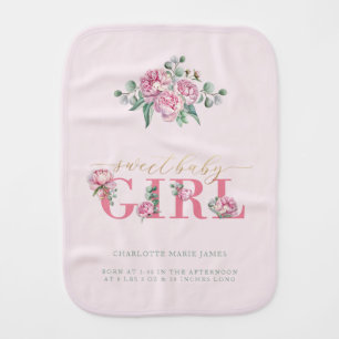 Pink and Gold Floral Newborn Stats Baby Girl Burp Baby Burp Cloth