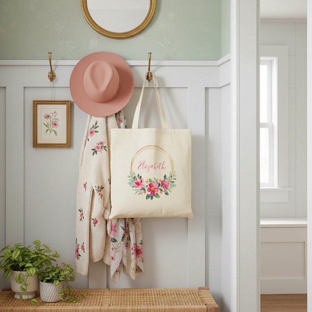 Pink and gold floral personalized tote bag (Creator Uploaded)