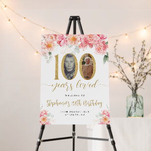 Pink And Gold Floral Photo 100th Birthday Welcome Foam Board