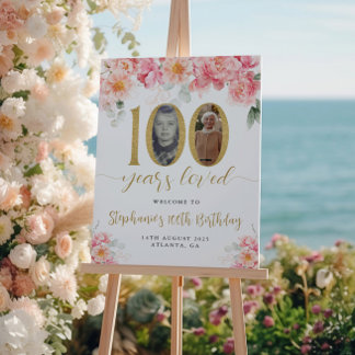 Pink And Gold Floral Photo 100th Birthday Welcome Poster