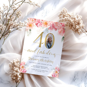 Pink and Gold Floral Photo 40th Birthday Invitation