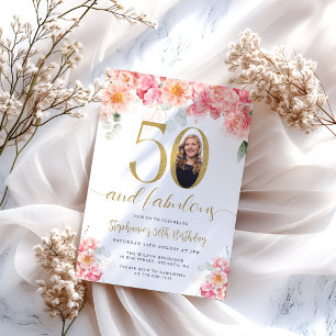 Pink and Gold Floral Photo 50th Birthday Invitation