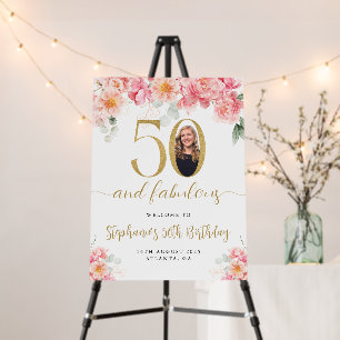 Pink and Gold Floral Photo 50th Birthday Welcome Foam Board