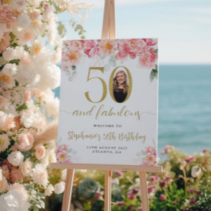 Pink and Gold Floral Photo 50th Birthday Welcome Poster