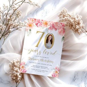 Pink and Gold Floral Photo 70th Birthday Invitation