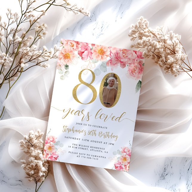 Pink and Gold Floral Photo 80th Birthday Invitation (Creator Uploaded)