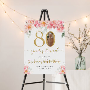Pink And Gold Floral Photo 80th Birthday Welcome Foam Board