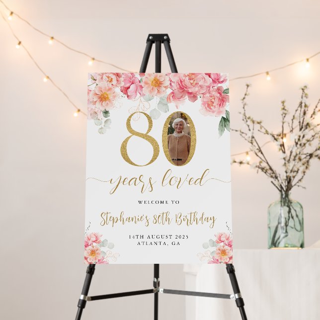 Pink And Gold Floral Photo 80th Birthday Welcome Foam Board (In Situ (Stand))
