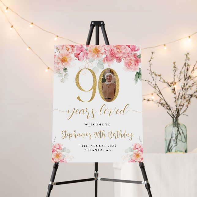 Pink And Gold Floral Photo 90th Birthday Welcome Foam Board (In Situ (Stand))