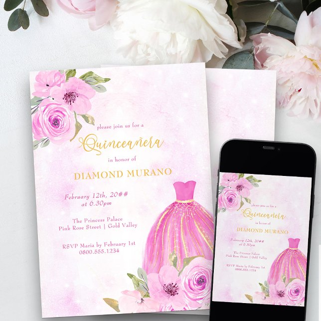 Pink and Gold Floral Princess Dress Quinceanera Invitation (Quinceanera Invitation from my Galaxy Floral Princess Quinceanera collection)