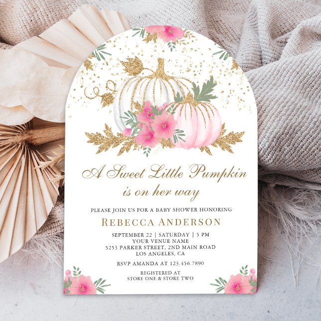 Pink and Gold Floral Pumpkin Arch Baby Shower Invitation (Creator Uploaded)