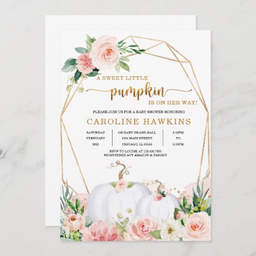Pink and Gold Floral Pumpkin Fall Baby Shower Invi Invitation