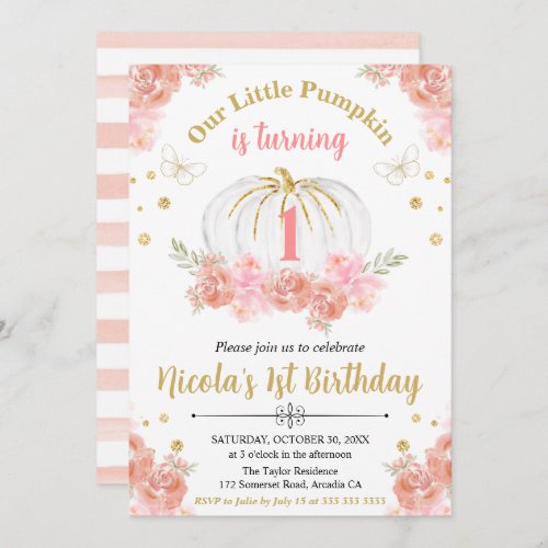 Pink and Gold Floral Pumpkin Girl 1st Birthday Invitation