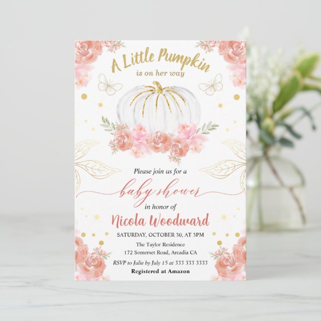 Pink and Gold Floral Pumpkin Girl Baby Shower Invitation (Standing Front)