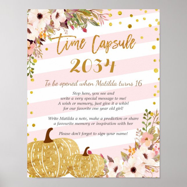 Pink and Gold Floral Pumpkin Time Capsule Poster (Front)