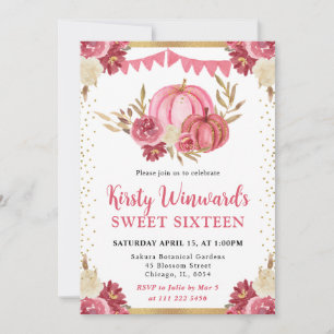 Pink and Gold Floral Pumpkins Fall Sweet 16 Invitation
