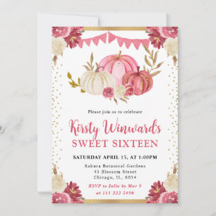 Pink and Gold Floral Pumpkins Fall Sweet 16 Invitation