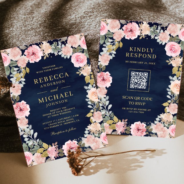 Pink and Gold Floral QR Code Navy Blue Wedding Invitation (Creator Uploaded)