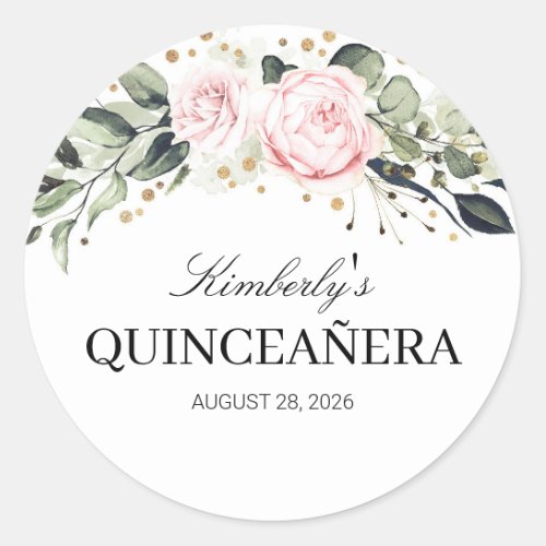 Pink and Gold Floral Quinceanera Classic Round Sticker