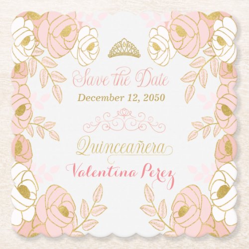 PInk and Gold Floral Quinceanera Save the Date Paper Coaster