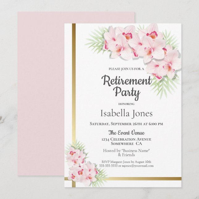 Pink and Gold Floral Retirement Party Invitation (Front/Back)