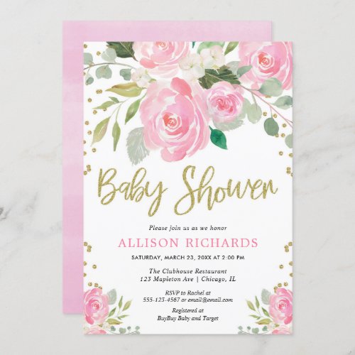 Pink and gold floral roses girl baby shower invitation