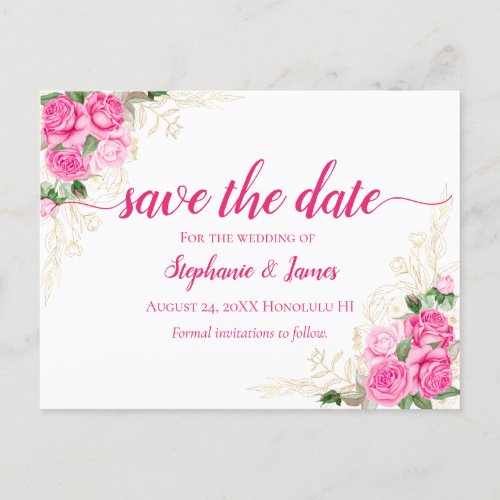 Pink and Gold Floral Roses Wedding Save the Date Announcement Postcard