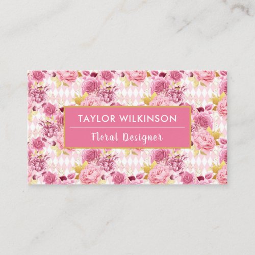 Pink and Gold Floral Roses with Harlequin Diamonds Business Card