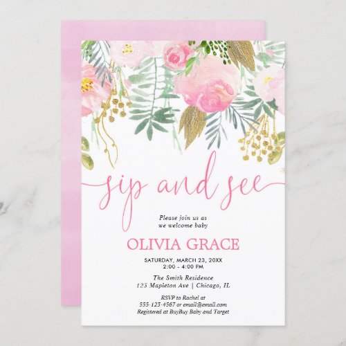 Pink and gold floral sip and see baby girl shower invitation
