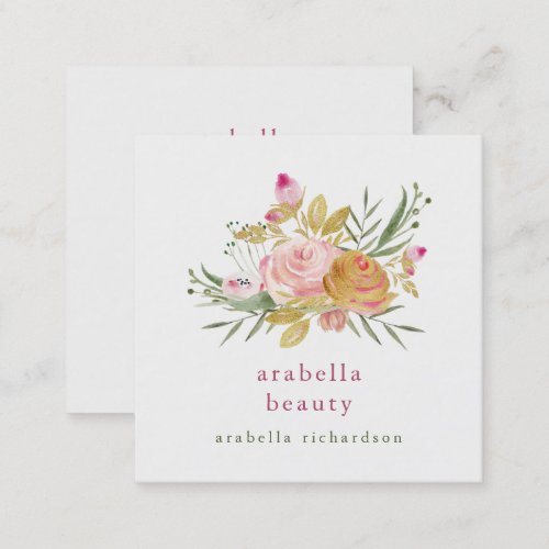 Pink and Gold Floral  Social Media Icons Square Business Card