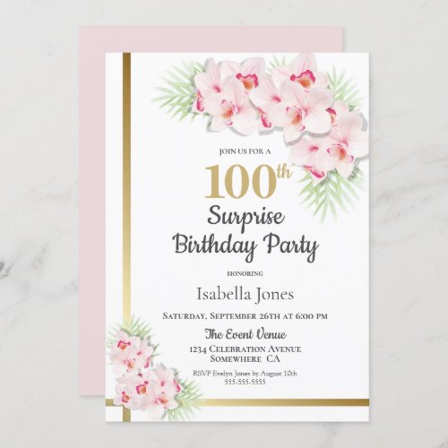 Pink and Gold Floral Surprise 100th Birthday Party Invitation