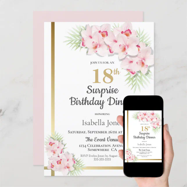 Pink And Gold Floral Surprise 18th Birthday Dinner Invitation Zazzle 