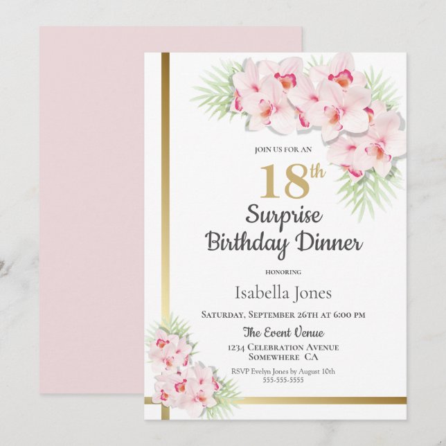 Pink and Gold Floral Surprise 18th Birthday Dinner Invitation (Front/Back)
