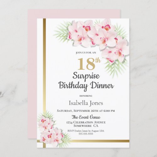 Pink and Gold Floral Surprise 18th Birthday Dinner Invitation