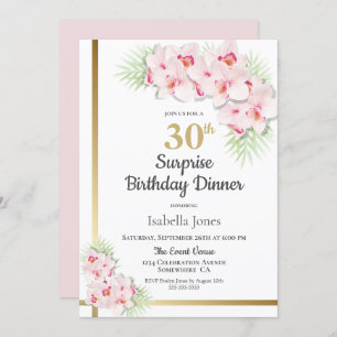 Pink and Gold Floral Surprise 30th Birthday Dinner Invitation