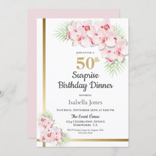 Pink and Gold Floral Surprise 50th Birthday Dinner Invitation