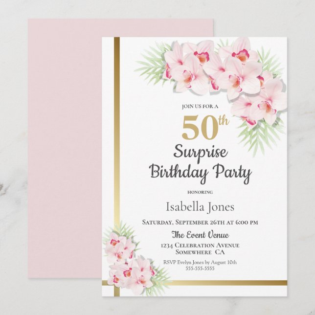 Pink and Gold Floral Surprise 50th Birthday Party Invitation (Front/Back)
