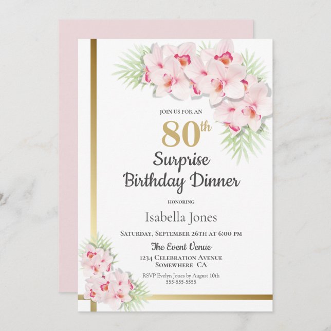 Pink and Gold Floral Surprise 80th Birthday Dinner Invitation (Front/Back)